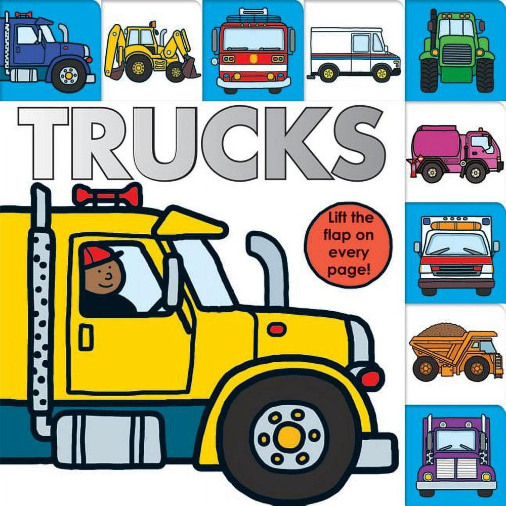 Book front cover of book 'Trucks: Lift-the-Flap Tab Board Book' by Roger Priddy, featuring a variety of utility trucks on book cover.