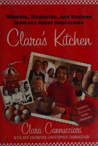 Book cover of 'Clara's Kitchen' with red background and family photos.