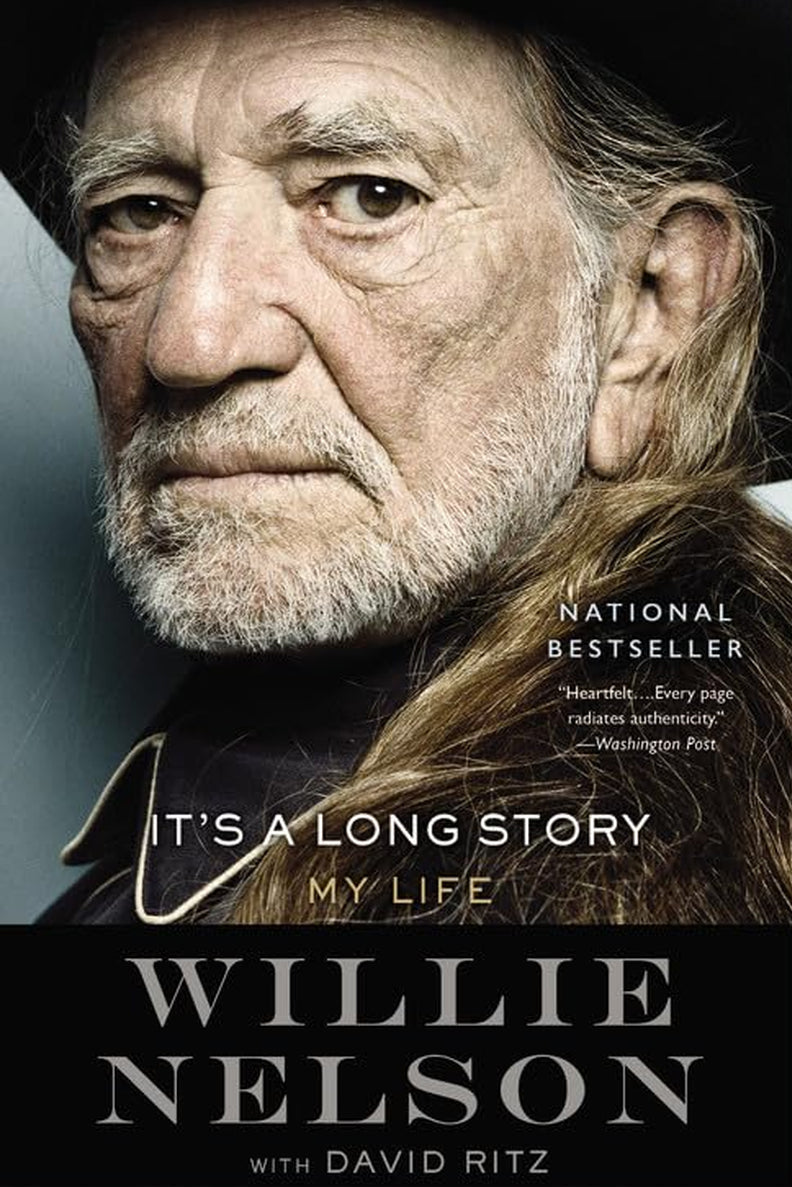 The cover of the book 'It's a Long Story: My Life' by Willie Nelson featuring a photo of the author with a cowboy hat and a book title text.