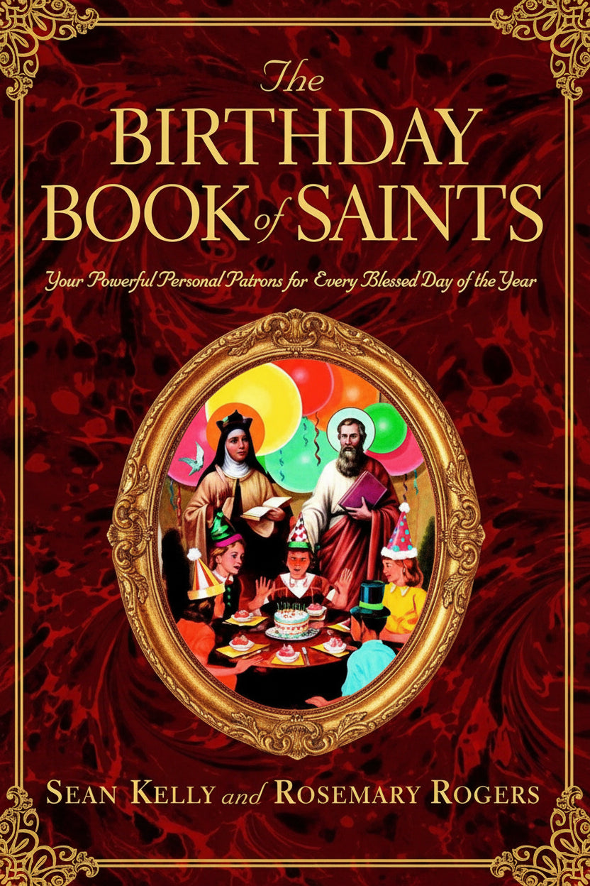 The cover of 'The Birthday Book of Saints' by Sean Kelly & Rosemary Rogers, featuring an illustration of three individuals around a table with books and what appears to be a celebration cake.