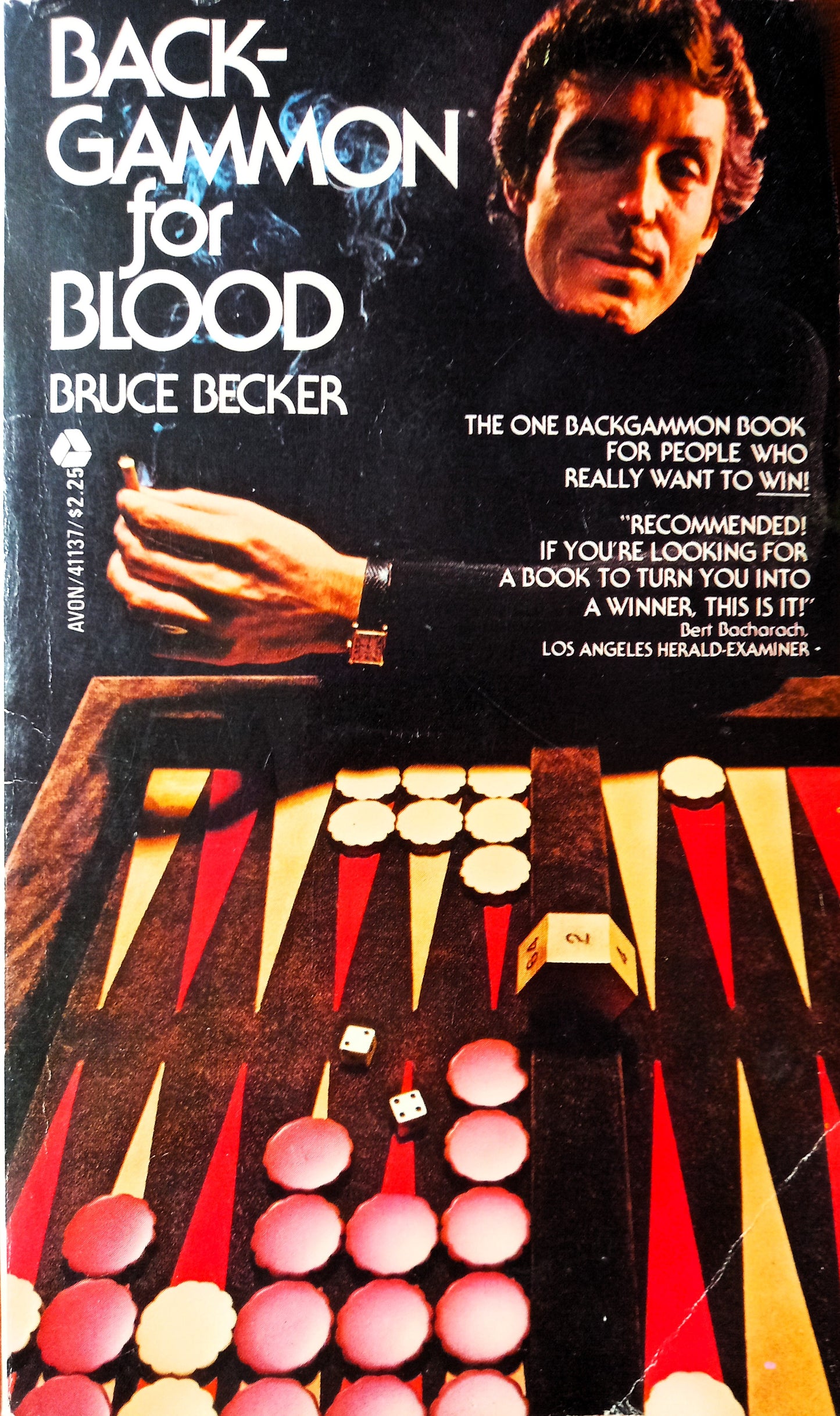 The cover of the book 'Backgammon for Blood' by Bruce Becker features a man seated at a backgammon board with pieces in play, emphasizing the game's strategic and competitive nature.