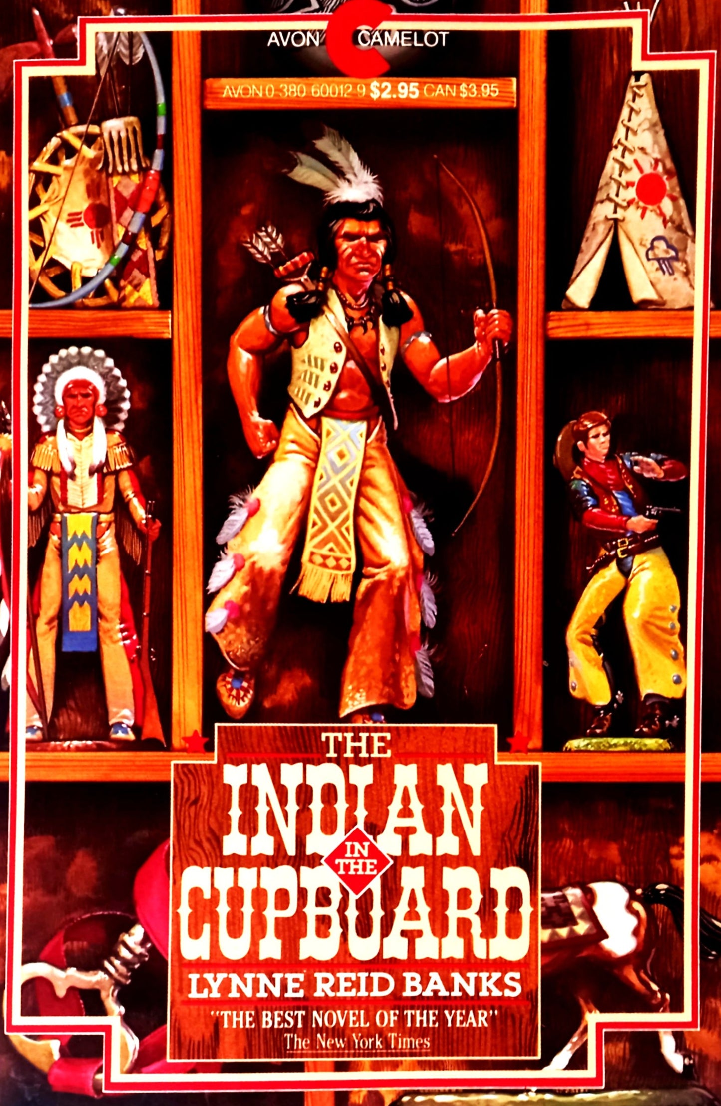 Book cover of 'The Indian in the Cupboard' by Lynne Reid Banks with illustrations of characters.