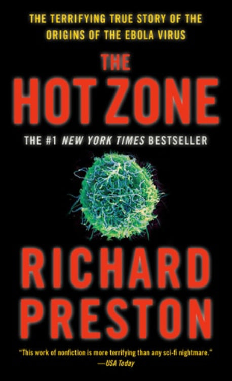 Cover of the book 'The Hot Zone' by Richard Preston, featuring a graphic of the Ebola virus particle.