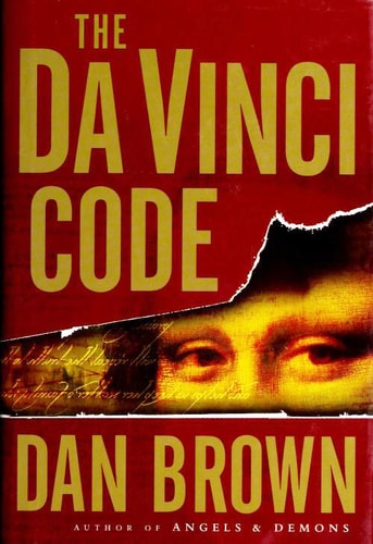 Book cover of 'The Da Vinci Code' by Dan Brown with a red background and yellow text.