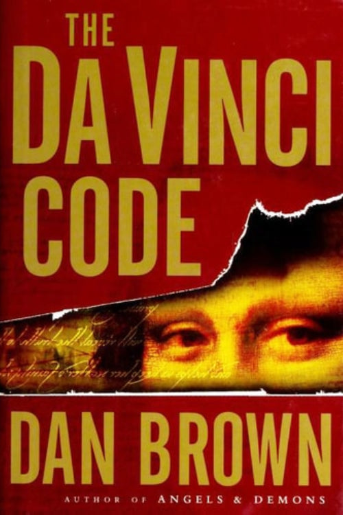 Book cover of 'The Da Vinci Code' by Dan Brown with a red Mona Lisa background and yellow text.
