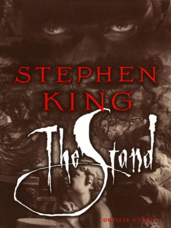 Cover of the book 'The Stand' by Stephen King, featuring a dark and moody design with a person's eyes in the background and the title in bold white letters.