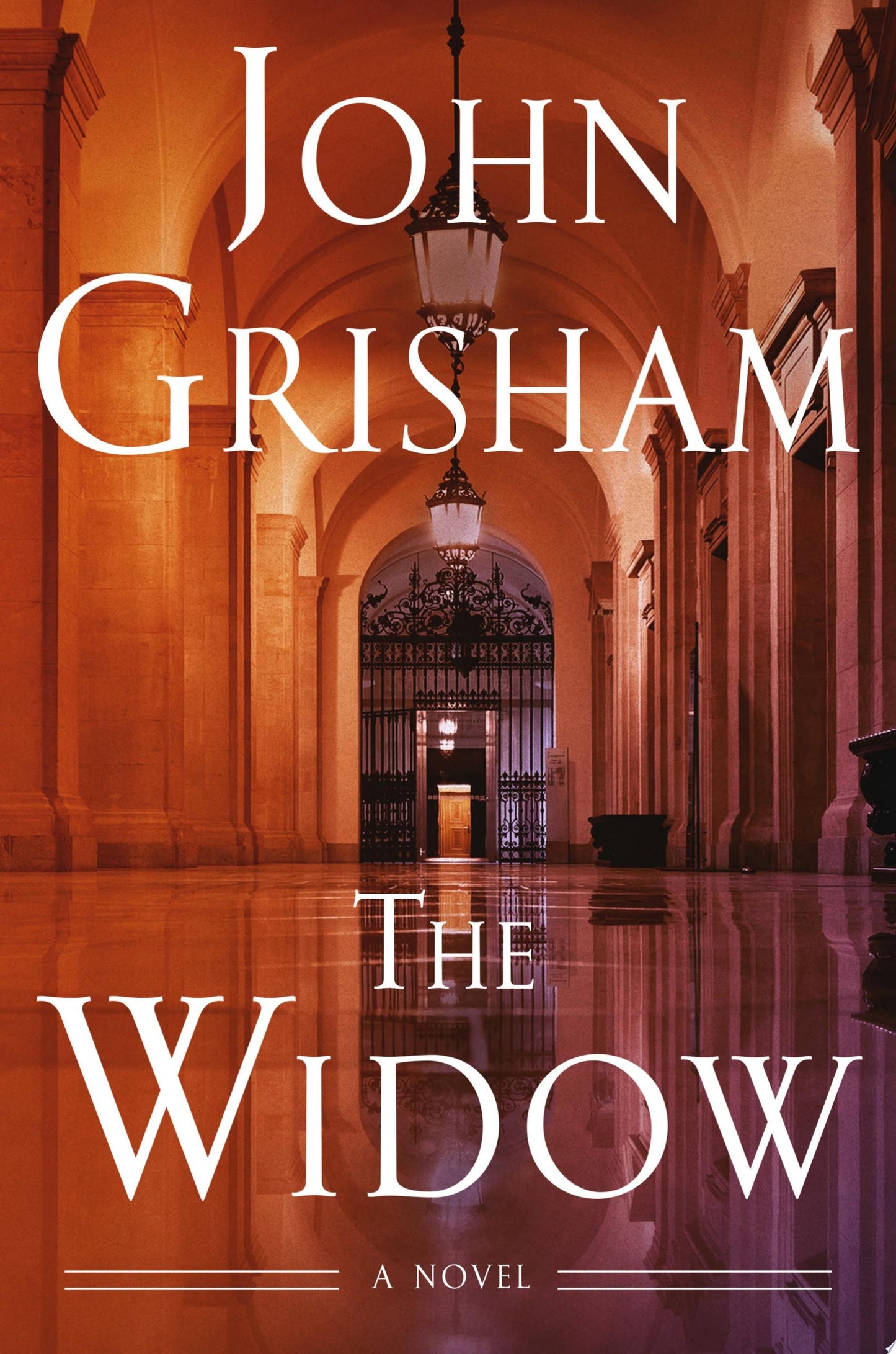 Book cover of 'The Widow' by John Grisham with a grand hallway design.