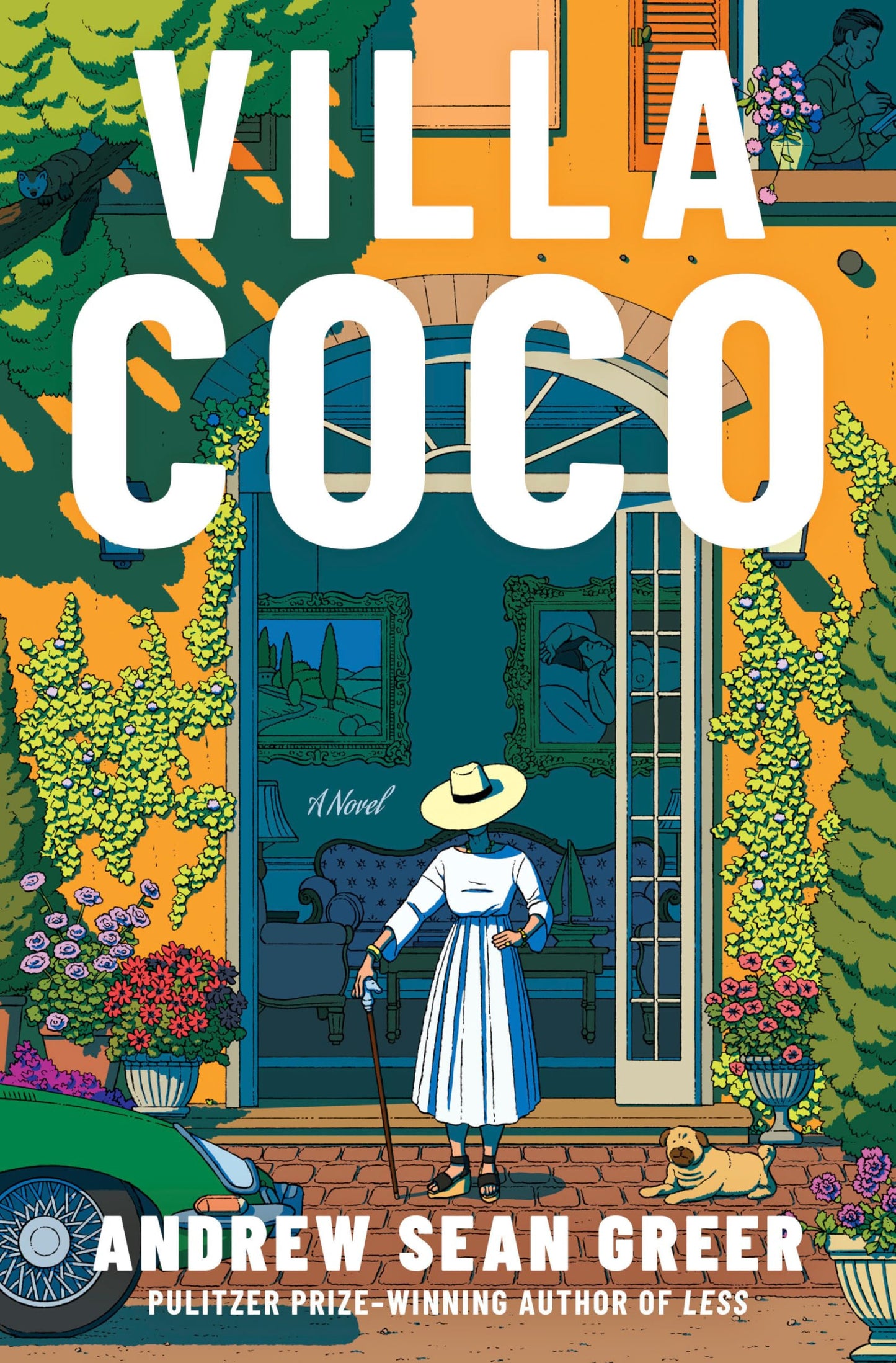 Book cover of 'Villa Coco' by Andrew Sean Greer with a colorful illustration of a woman and dog in front of a house.