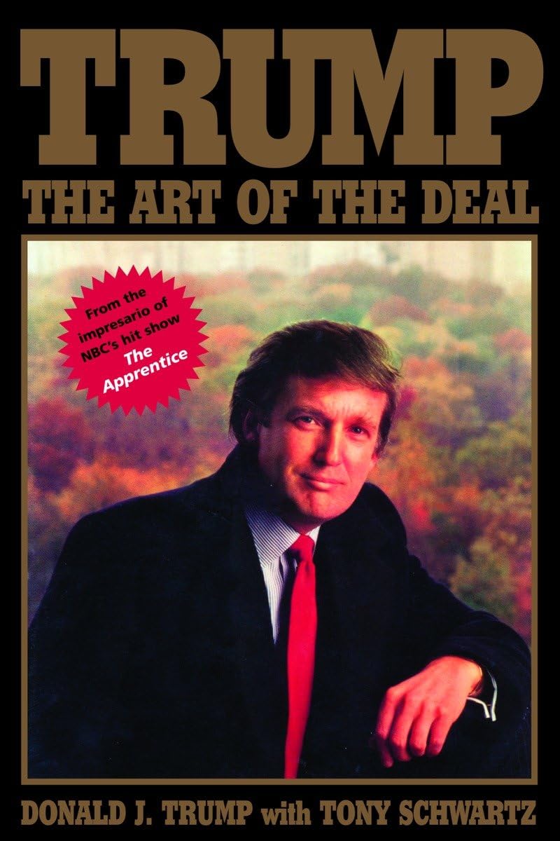 Cover of the book 'Trump: The Art of the Deal' by Donald Trump with Tony Schwartz, featuring a photo of Donald Trump in a suit, with a red tie and background.