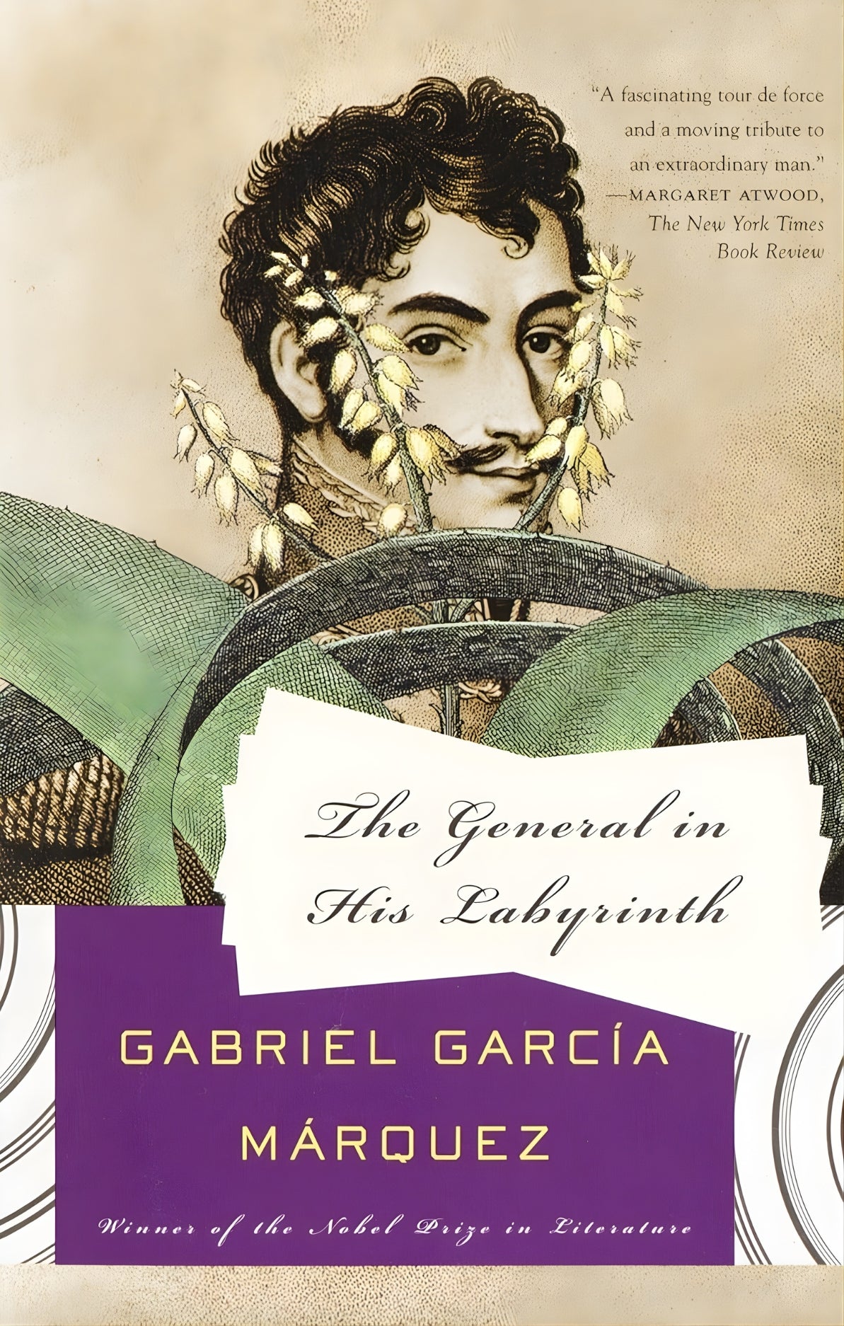 Book cover of 'The General in His Labyrinth' by Gabriel Garcia Marquez with a stylized portrait of a man.