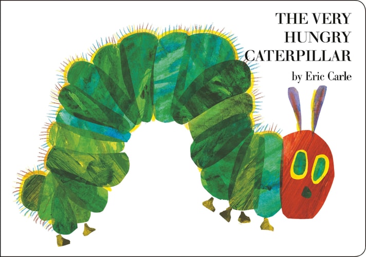 Book cover of 'The Very Hungry Caterpillar' with a green caterpillar illustration.