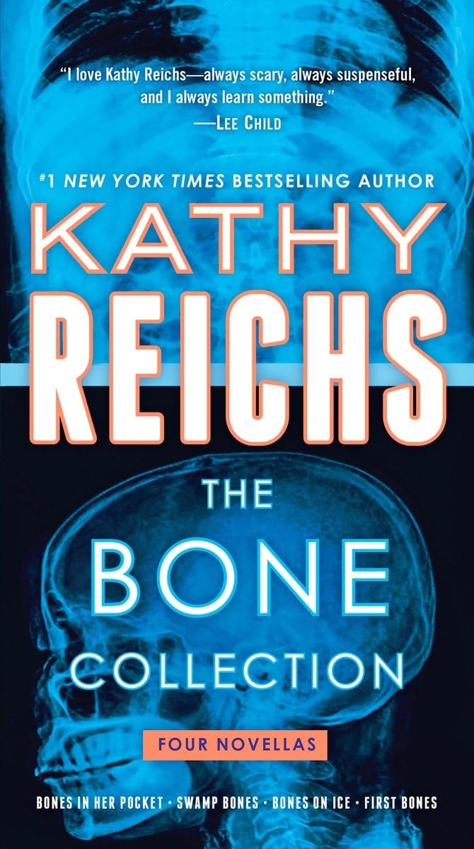 Book cover of 'The Bone Collection' by Kathy Reichs with a blue skull x-ray illustration.