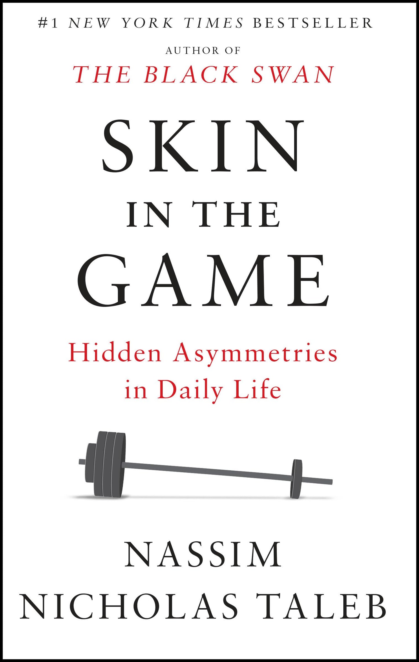 This image features the cover of the book "Skin in the Game: Hidden Asymmetries in Daily Life (Incerto Book Series | ISBN: 9780425284643)" by Nassim Nicholas Taleb. The cover design is minimalist, utilizing a plain white background that highlights the title and author's name.