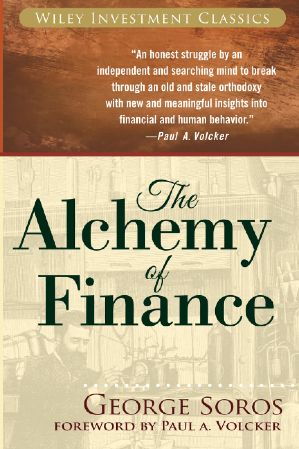 The Alchemy of Finance by George Soros book cover in the Wiley Investment Classics series, featuring an image of an old alchemy lab.
