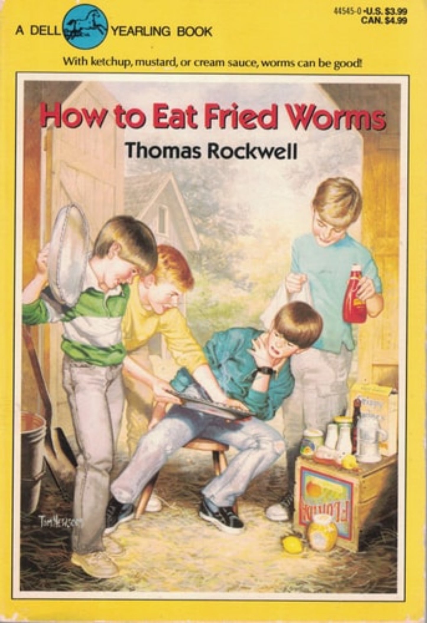 Book cover of 'How to Eat Fried Worms' by Thomas Rockwell featuring illustrations of two boys inside a classroom setting, with one boy holding a worm and the other looking distressed. The title and author's name, Thomas Rockwell, are displayed.