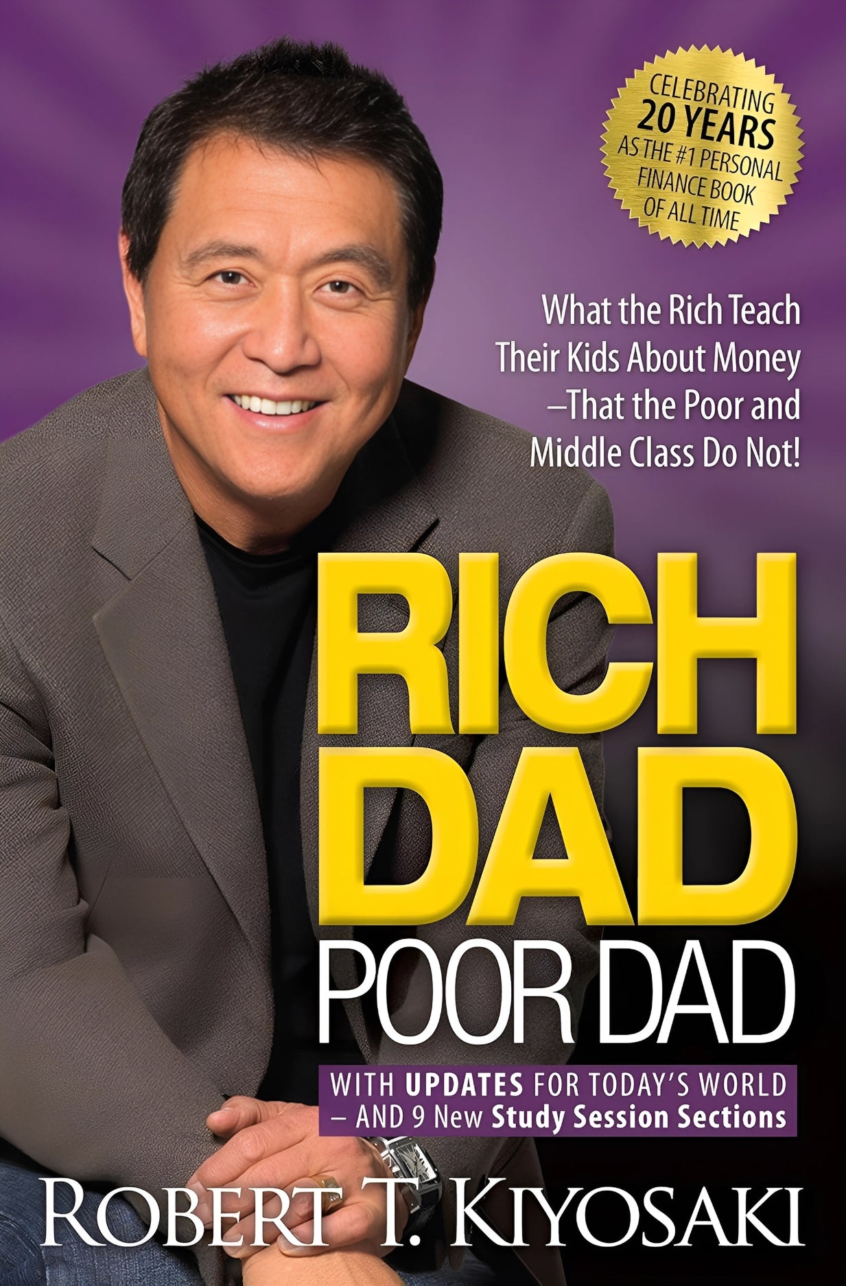 Book cover of 'Rich Dad Poor Dad' with Robert T. Kiyosaki smiling against a purple background