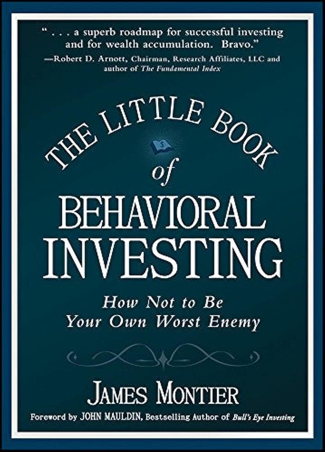 Cover of the book 'The Little Book of Behavioral Investing' by James Montier, featuring a dark blue text on a dark blue background with a small blue book design and the author's name.