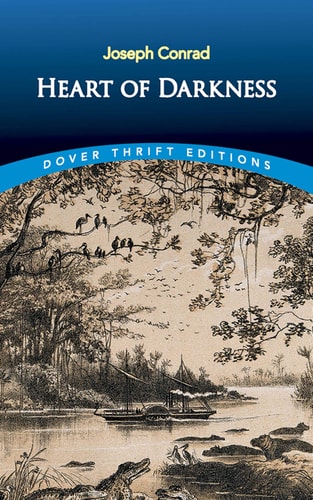 Cover of 'Heart of Darkness' by Joseph Conrad, featuring an illustration of a river scene with trees and a misty backdrop.