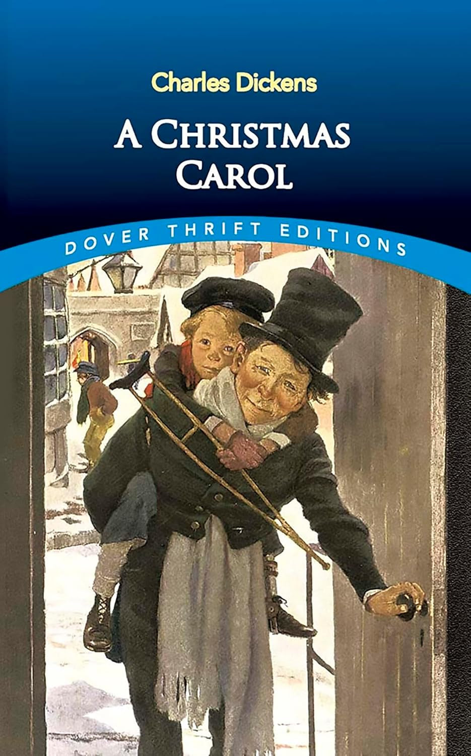 Cover of the book 'A Christmas Carol' by Charles Dickens, featuring an illustration of the title character, Ebenezer Scrooge, being led by a ghostly figure through the streets on a cold, snowy night.