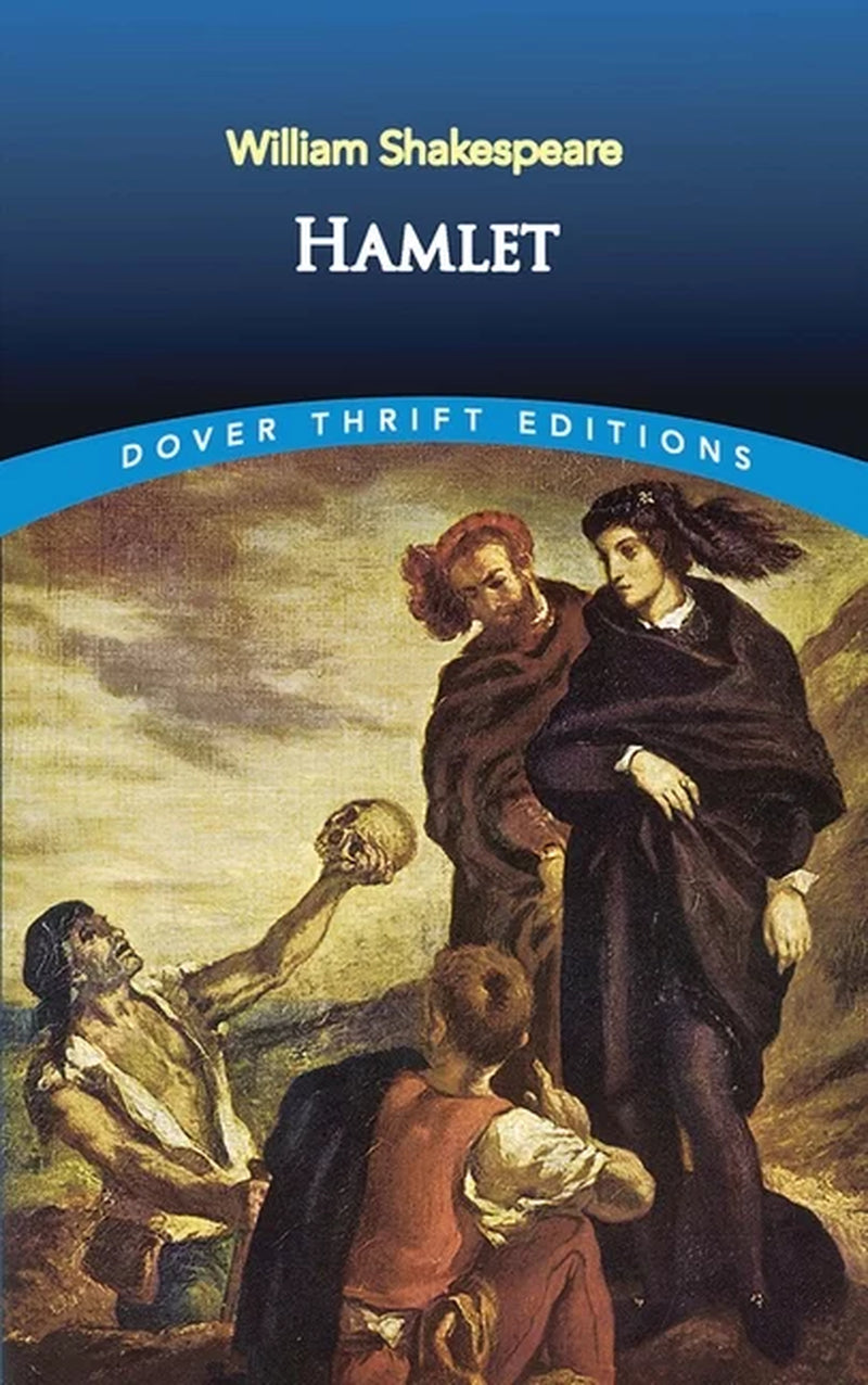 Cover of the book 'Hamlet' by William Shakespeare, featuring a black and white illustration of a scene from the play with characters dressed in historical or theatrical costumes.