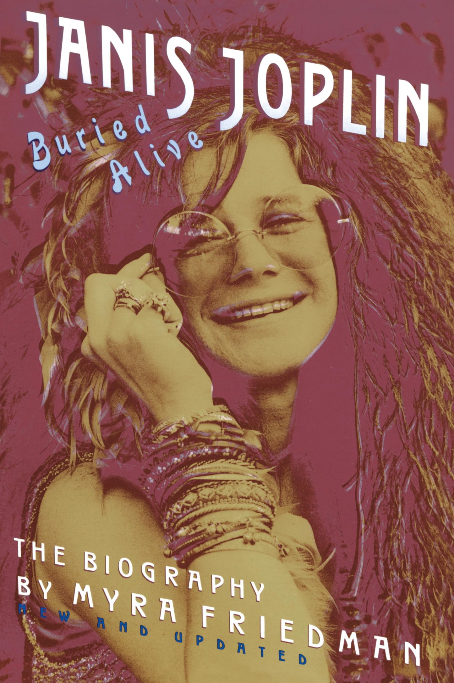 Book cover of 'Buried Alive: The Biography of Janis Joplin' by Myra Friedman, with a stylized portrait of Janis Joplin on a purple background.