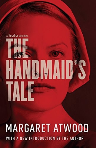 Cover of the book 'The Handmaid's Tale' by Margaret Atwood, featuring a woman's face in red and black colors with a title overlay.