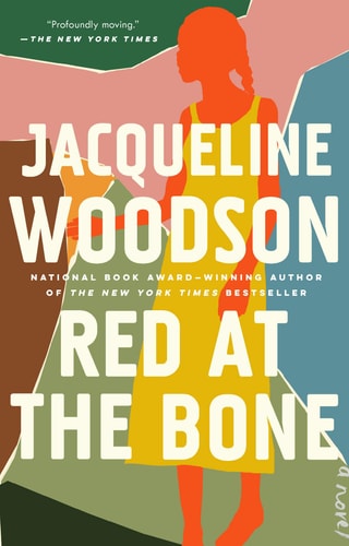 Book cover of 'Red at the Bone' by Jacqueline Woodson with a stylized silhouette of a person.