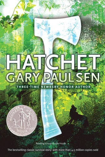 Book cover of 'Hatchet' by Gary Paulsen with a axe graphic and forest background.