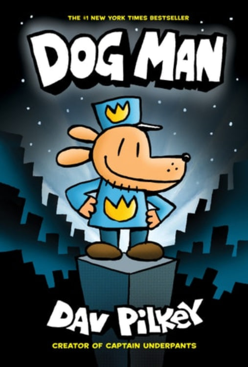 Book cover of 'Dog Man' featuring a dog character in a blue uniform with a yellow star on a dark background.