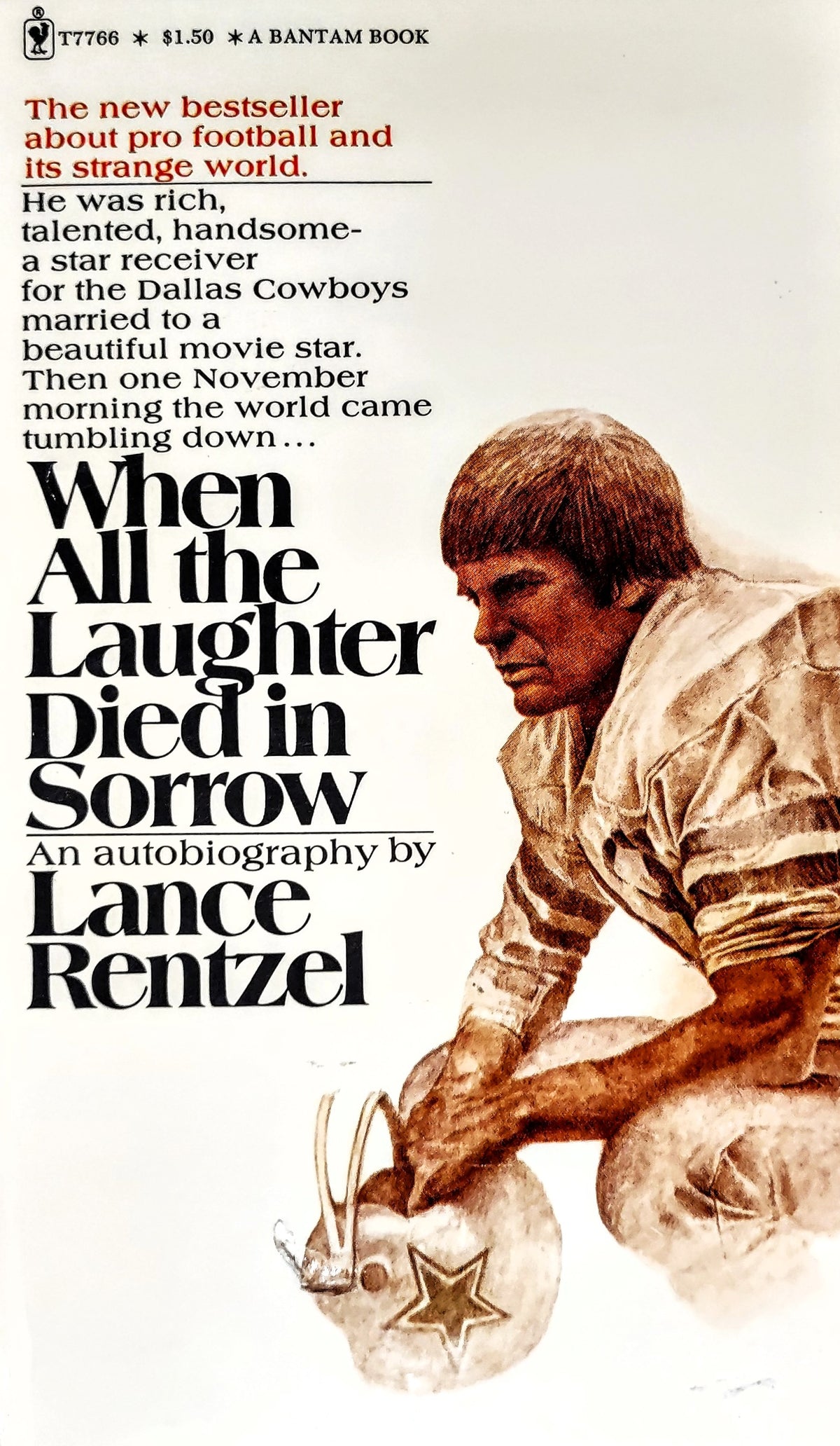 Book cover for 'When All the Laughter Died in Sorrow' by Lance Rentzel, showing a sepia-toned football player reaching toward a helmet, with large black title text and a white background.