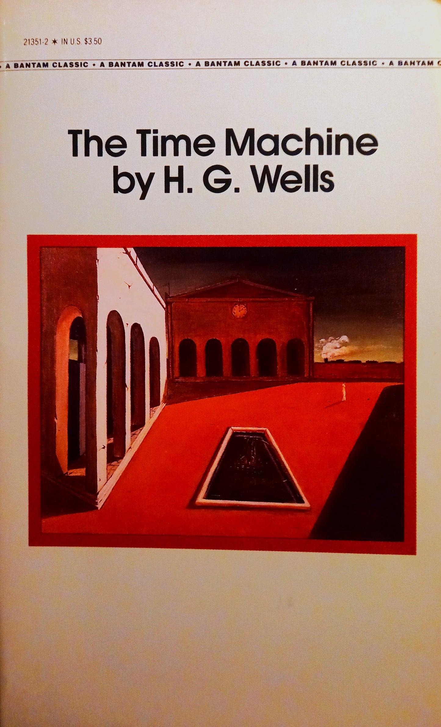 Cover of 'The Time Machine' by H.G. Wells featuring a red and white illustration of a machine and a futuristic cityscape.