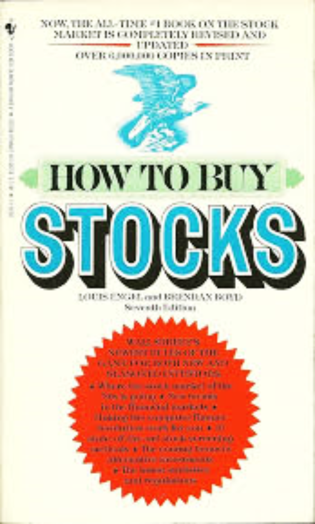 This image displays the cover of the book "How to Buy Stocks" by Louis Engel & Brendan Boyd. The cover features a bold, predominantly red and yellow design with the title prominently stated in large white and blue letters.