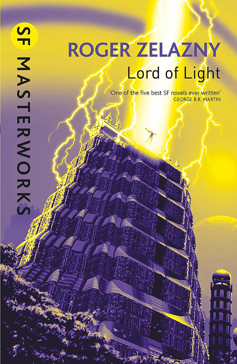 Book cover of 'Lord of Light' by Roger Zelazny with a purple building and yellow lightning.