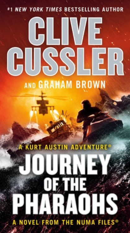 Book cover of 'Journey of the Pharaohs: A Novel from The NUMA Files' featuring an ancient pyramid and a modern airplane with a stormy sky in the background, reflecting the novel's adventure theme.