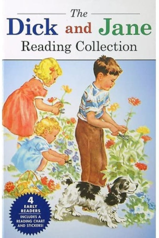 Cover of 'The Dick and Jane Reading Collection' featuring illustrations of children reading and playing with a dog.