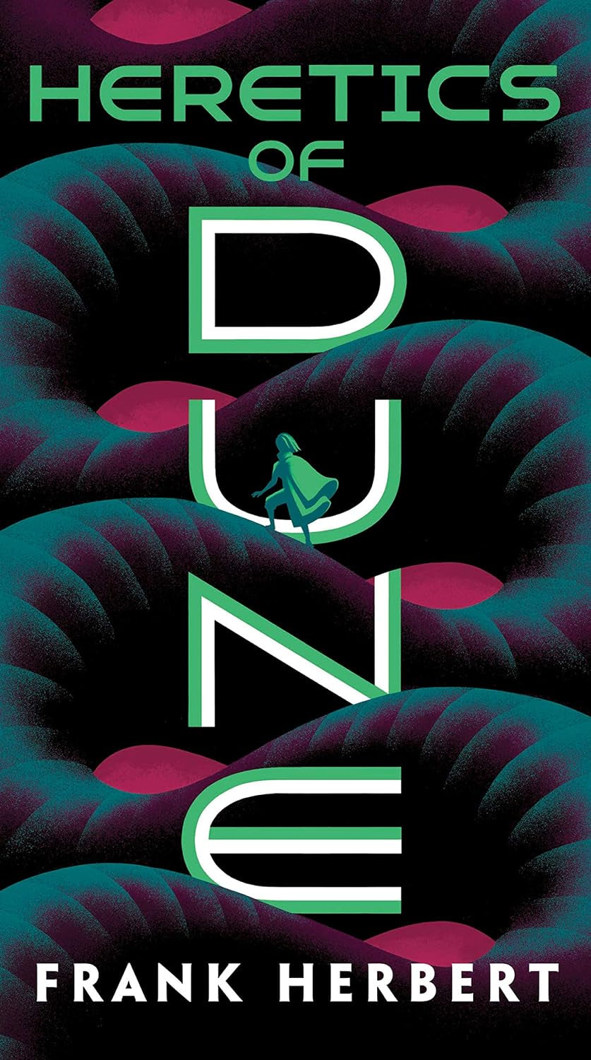 This image features the cover of "Heresics of Dune" by Frank Herbert, the fifth book in The Dune Chronicles series. The cover depicts a haunting and vivid illustration of a dark, stormy landscape with a prominent title in stylized green and purple text.