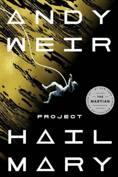 Book cover of 'Project Hail Mary' by Andy Weir with a silhouette of a person and abstract design.