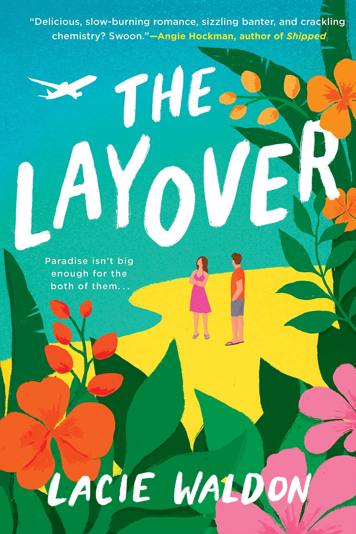 Book cover of 'The Layover' with tropical design and airplane