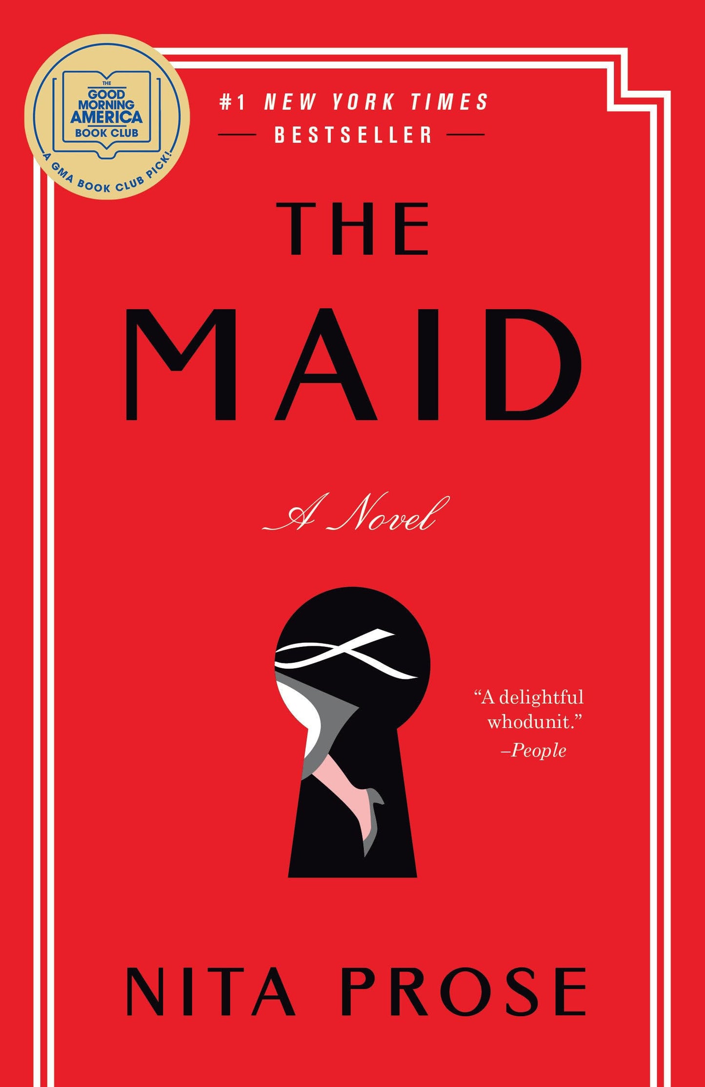 Book cover of 'The Maid' by Nita Prose with a red background and keyhole design.