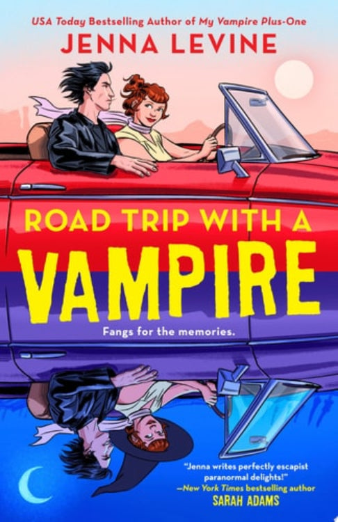 Book cover of 'Road Trip with a Vampire (ISBN: 9780593819913)' by Jenna Levine featuring two people in a convertible car.