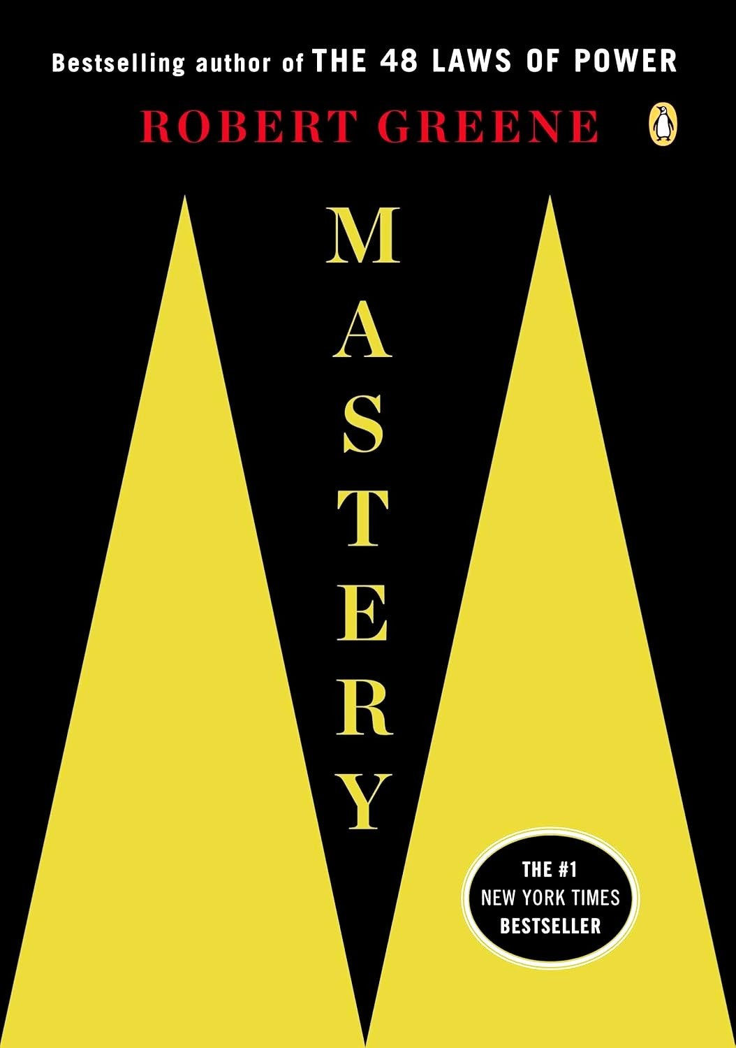 Book front cover of 'Mastery' by Robert Greene with golden triangle pyramids on a black background and author's name in red bold lettering. Additionally, a badge in black and white displaying the achievement of the book receiving a "#1 New York Times Bestseller" book declaration.
