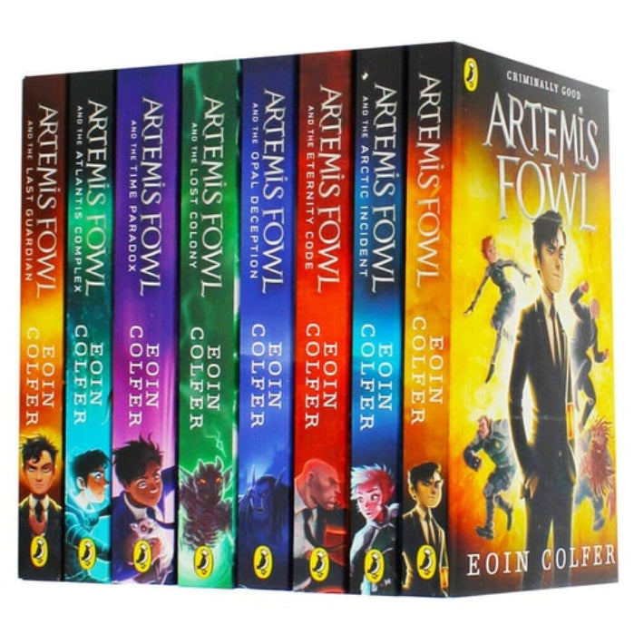A set of eight 'Artemis Fowl' series books by Eoin Colfer, featuring covers with illustrations of the main character and various adventures.
