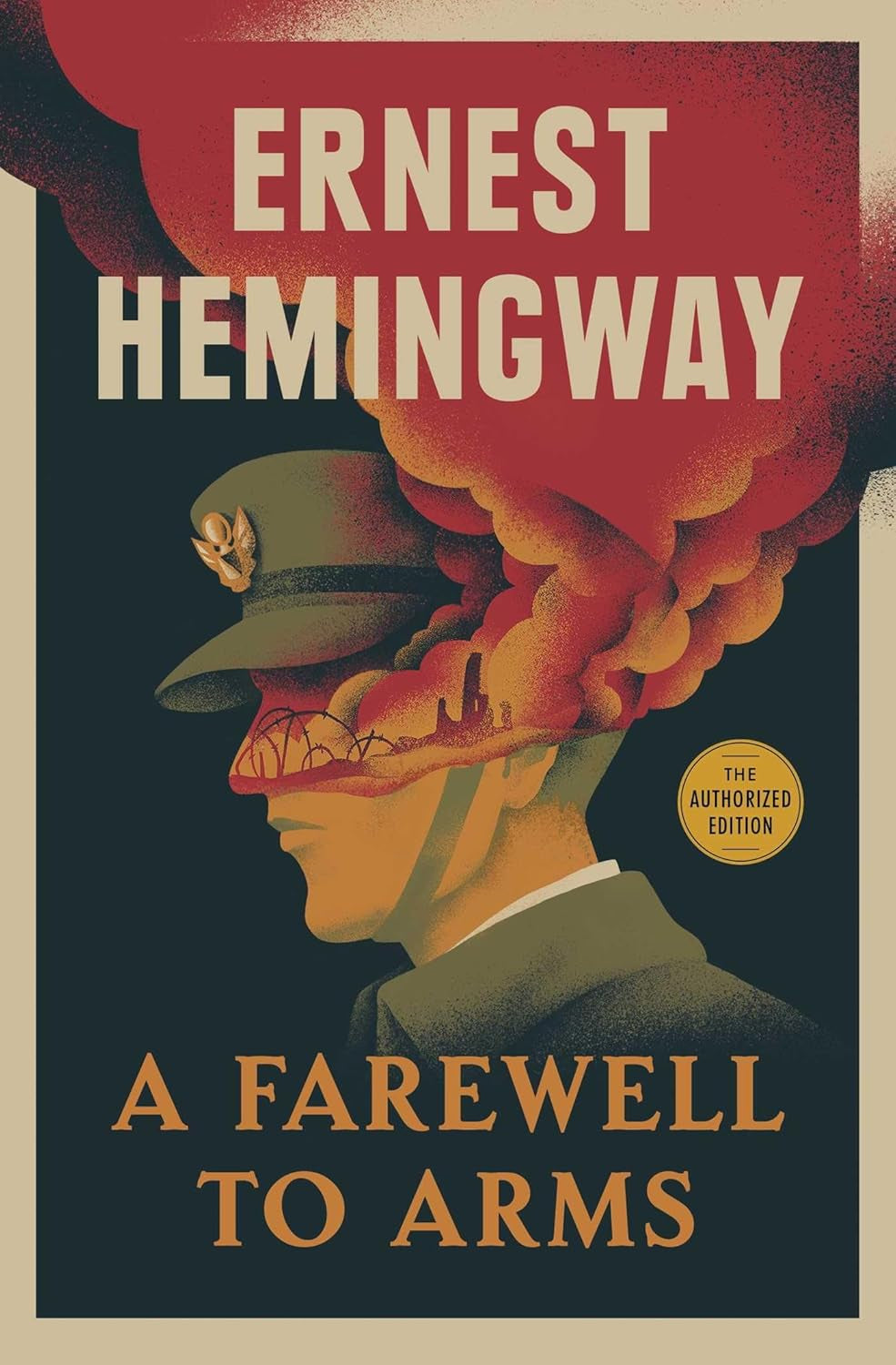 Book cover of 'A Farewell to Arms' by Ernest Hemingway, featuring a black and red design with the author's name and the title.