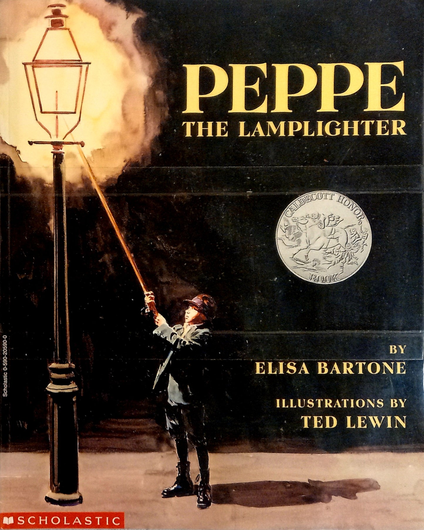 Cover of the children's book 'Peppe the Lamplighter (ISBN: 9780688102685)' by Elisa Bartone and Ted Lewin showing an illustration of a boy with a lamp on a street corner, with the author's name and the name of the illustrator, Ted Lewin, at the bottom.