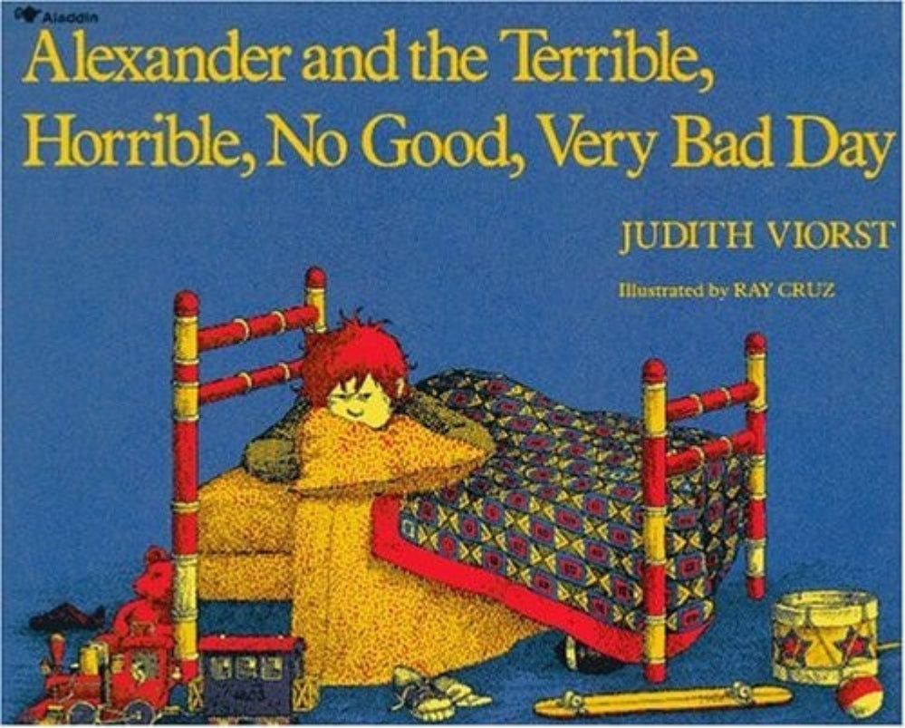 Cover of the children's book 'Alexander and the Terrible, Horrible, No Good, Very Bad Day' featuring illustrations of a child in various humorous situations with colorful clothing and accessories.