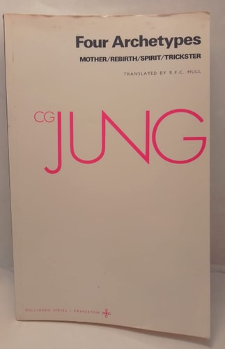 Book cover of 'Four Archetypes: Mother / Rebirth / Spirit / Trickster' by C.G. Jung with pink and black text on a white background.