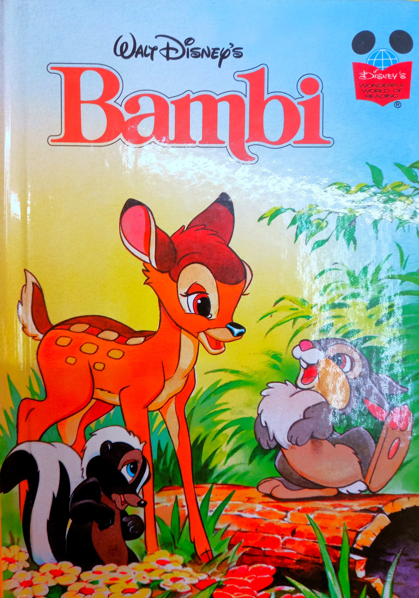 Book cover of 'Walt Disney's Bambi' featuring colorful illustrations of the title character Bambi and other animals in a forest setting.