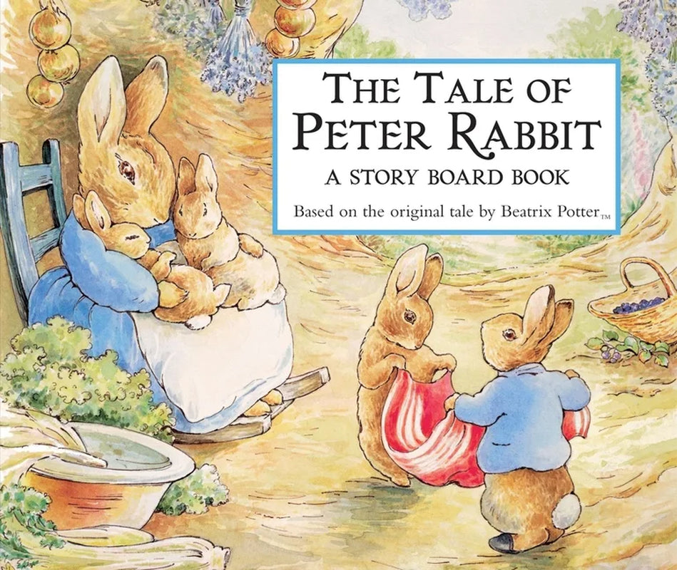 Cover of 'The Tale of Peter Rabbit: A Story Board Book' by Beatrix Potter, featuring colorful illustrations of rabbits, a garden, and two children interacting with the rabbits.