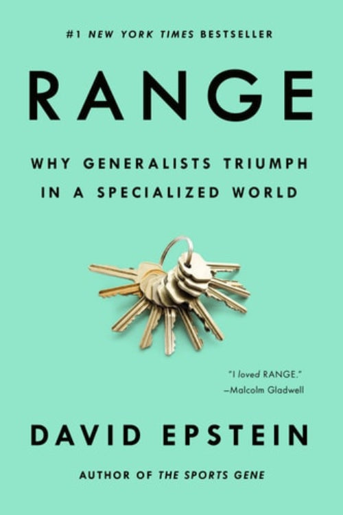 The cover of the book 'Range' by David Epstein features a gold key on a teal background, with the title and author's name displayed.