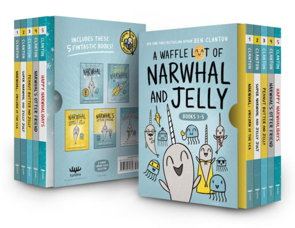 Set of 'Waffle Cat of Narwhal and Jelly' books with colorful covers on a white background